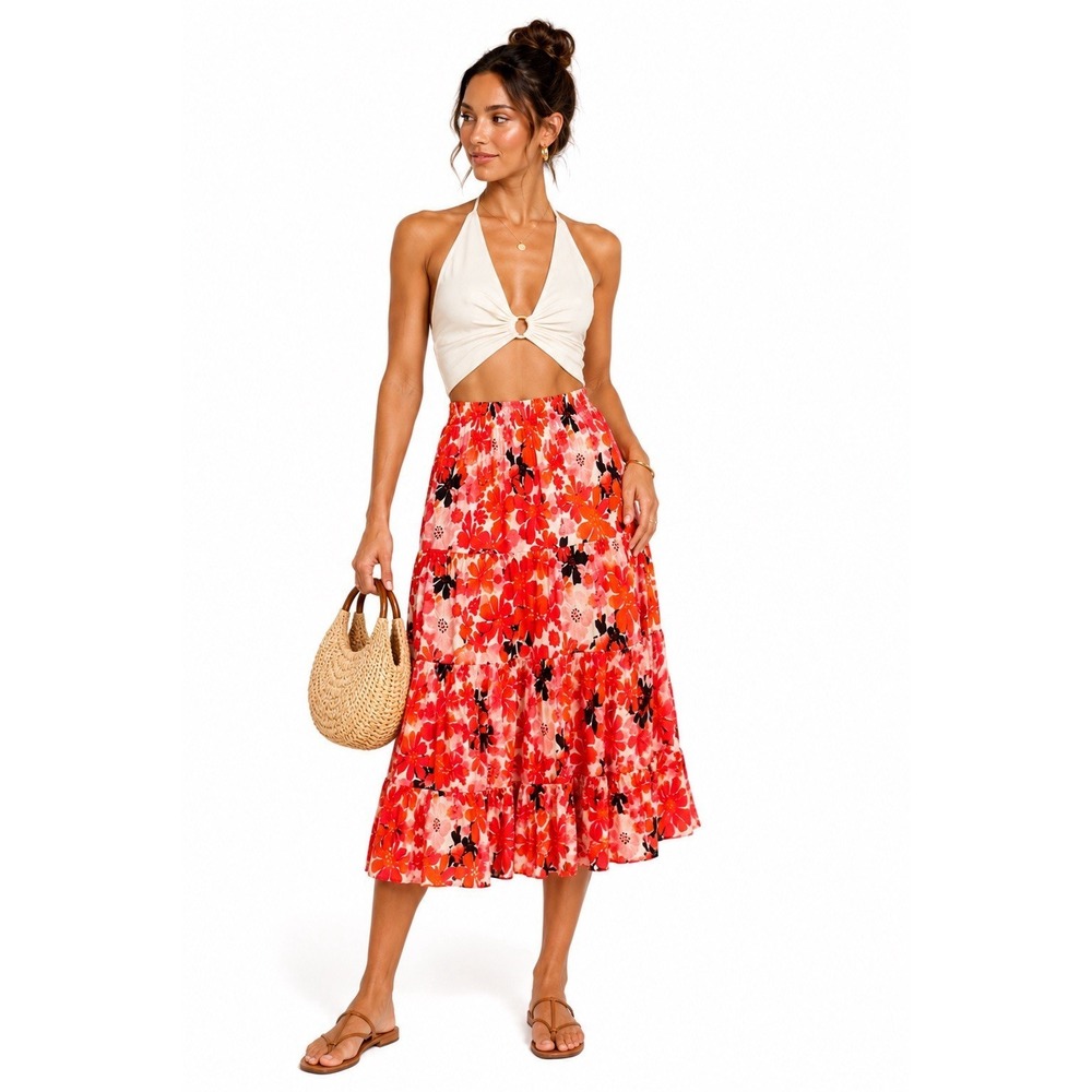 tiare hawaii Floral Midi Skirt Size XS/small Red Tropical Boho Tiered Vacation